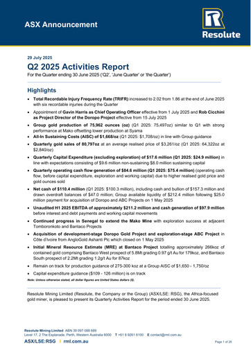 Miniature Resolute Mining Rapport trimestriel 2025-q2