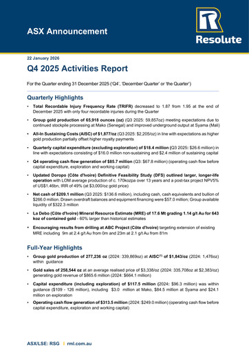 Miniature Resolute Mining Rapport trimestriel 2025-q4
