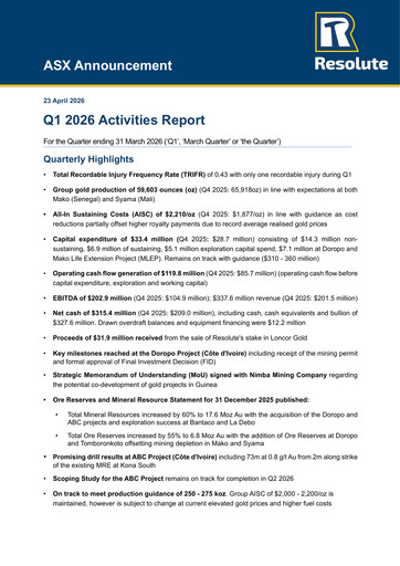 Miniature Resolute Mining Rapport trimestriel 2026-q1