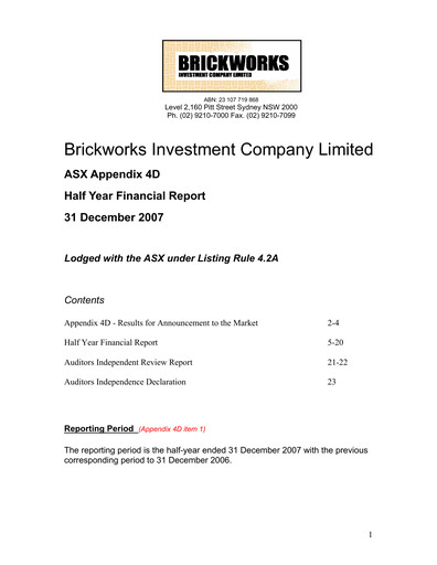 Miniature BKI Investment Company Rapport financier 2008-h1