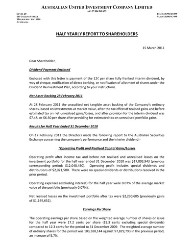 Thumbnail Australian United Investment Company Half-year Report 2010-h1
