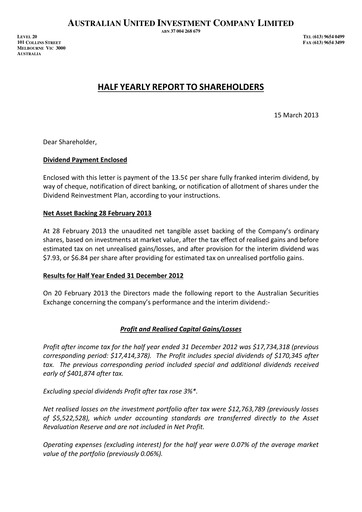 Thumbnail Australian United Investment Company Half-year Report 2012