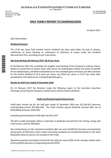 Thumbnail Australian United Investment Company Half-year Report 2016-h1