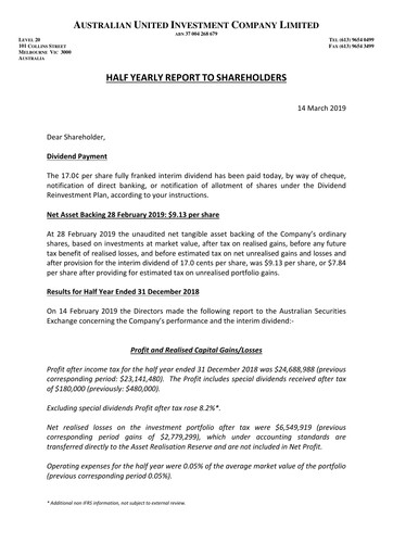 Thumbnail Australian United Investment Company Half-year Report 2018-h1