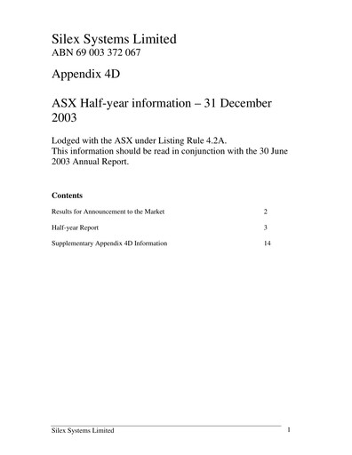 Thumbnail Silex Systems Limited Financial Report 2004-h1