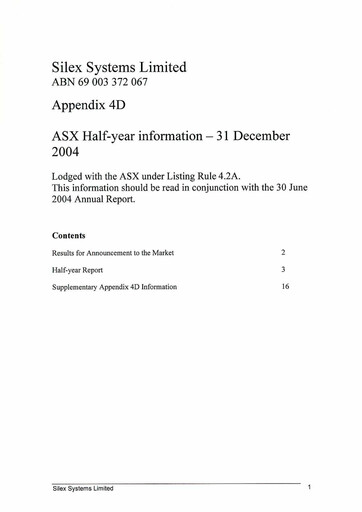 Thumbnail Silex Systems Limited Financial Report 2005-h1