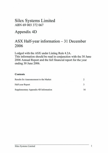 Thumbnail Silex Systems Limited Financial Report 2007-h1