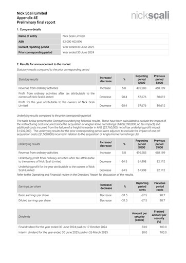 Thumbnail Nick Scali Limited Financial Statement 2025