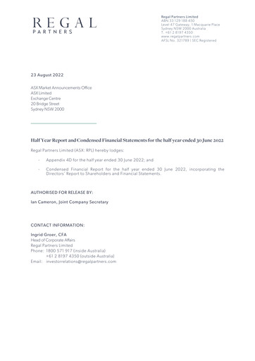Thumbnail Regal Partners Limited Half-year Report 2022-h1