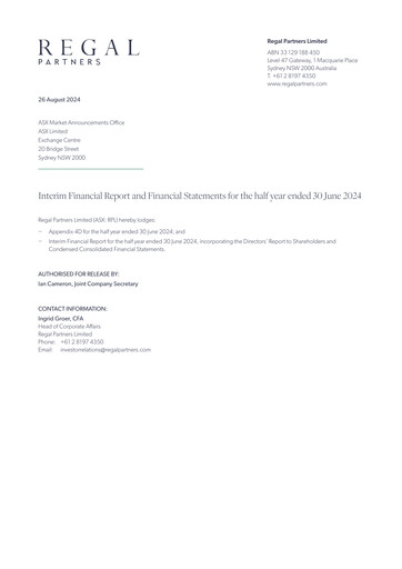 Vorschaubild Regal Partners Limited Halbjahresbericht 2024-h1