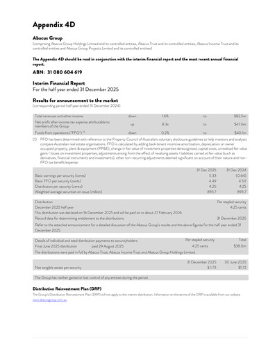 Thumbnail Abacus Group Financial Report 2026-h1