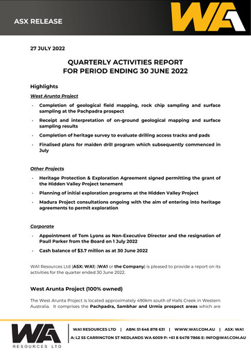 Thumbnail WA1 Resources Quarterly Report 2022-q4