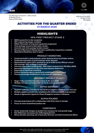 Thumbnail Alpha HPA Limited Quarterly Report 2025-q1