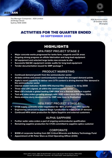 Thumbnail Alpha HPA Limited Quarterly Report 2025-q3