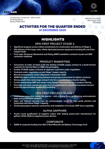 Thumbnail Alpha HPA Limited Quarterly Report 2025-q4