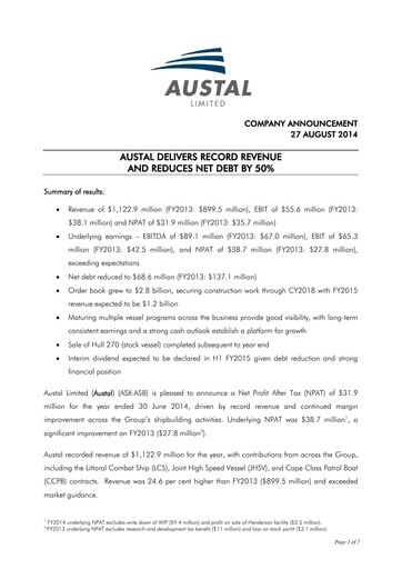 Vorschaubild Austal Limited Finanzbericht fy2014