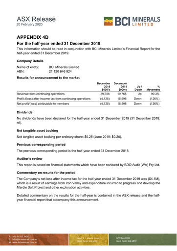 Thumbnail BCI Minerals Limited Half-year Report 2020-h1