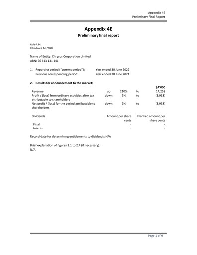 Thumbnail Chrysos Corporation Limited Financial Report 2022