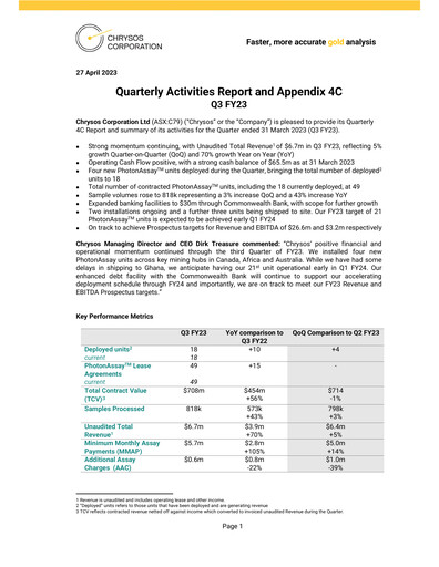 Thumbnail Chrysos Corporation Limited Quarterly Report 2023-q3