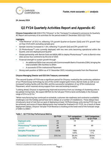 Thumbnail Chrysos Corporation Limited Quarterly Report 2024-q2