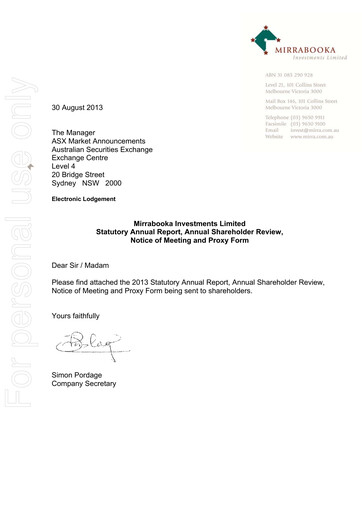 Thumbnail Mirrabooka Investments Limited Annual Report 2013