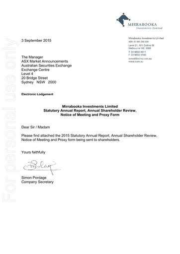 Thumbnail Mirrabooka Investments Limited Annual Report 2015