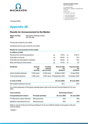Thumbnail Macmahon Holdings Financial Statement 2025