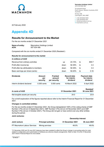 Thumbnail Macmahon Holdings Half-year Report 2022-h1