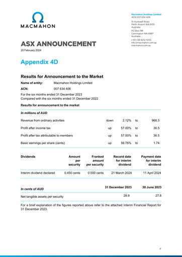 Thumbnail Macmahon Holdings Half-year Report 2024-h1