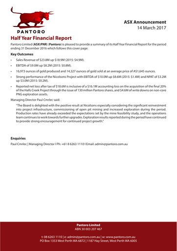 Thumbnail Pantoro Limited Financial Report 2017-h1
