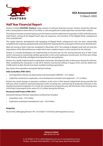 Thumbnail Pantoro Limited Financial Report 2020-h1