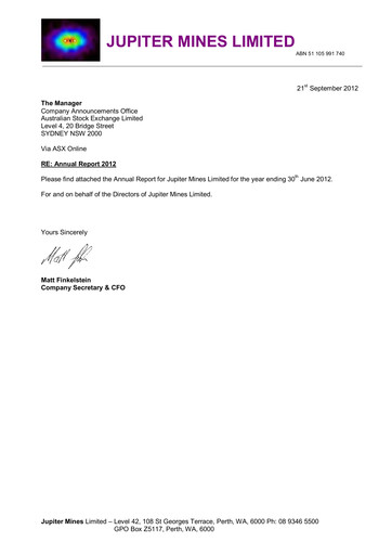 Thumbnail Jupiter Mines Limited Annual Report 2012