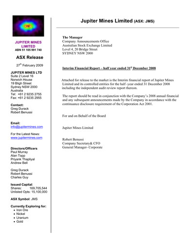 Thumbnail Jupiter Mines Limited Half-year Report 2009-h1