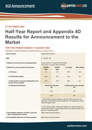 Thumbnail Jupiter Mines Limited Half-year Report 2023-h1