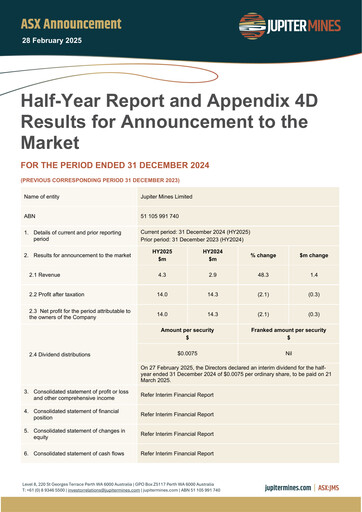 Thumbnail Jupiter Mines Limited Half-year Report 2025-h1