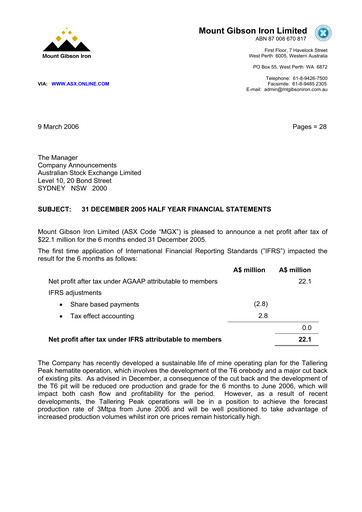 Thumbnail Mount Gibson Iron Financial Report 2006-h1