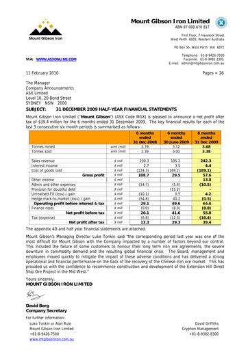 Thumbnail Mount Gibson Iron Financial Statement 2009-h1