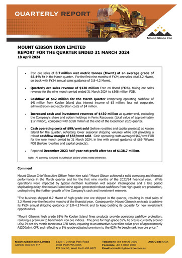 Thumbnail Mount Gibson Iron Quarterly Report 2024-q3