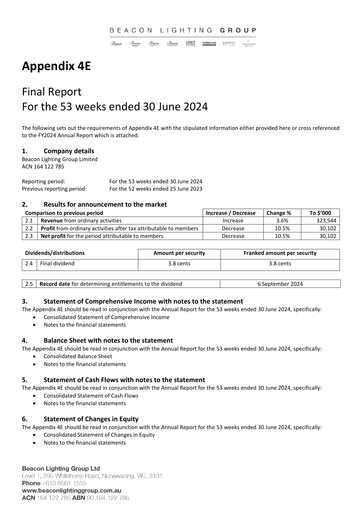 Vorschaubild Beacon Lighting Group Finanzmitteilung 2024