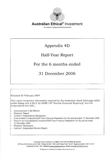 Thumbnail Australian Ethical Investment Limited Financial Report 2007-h1