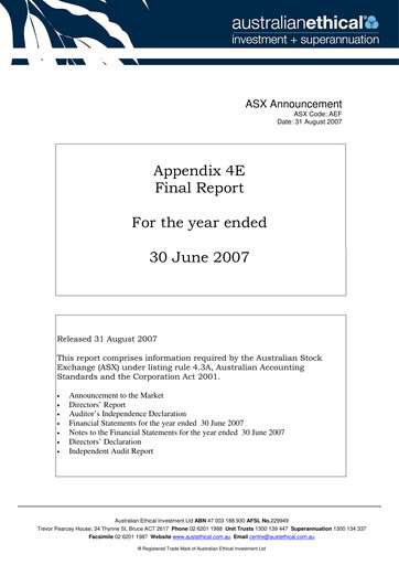 Thumbnail Australian Ethical Investment Limited Financial Report 2007