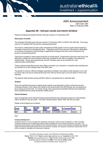 Thumbnail Australian Ethical Investment Limited Financial Report 2008-h1