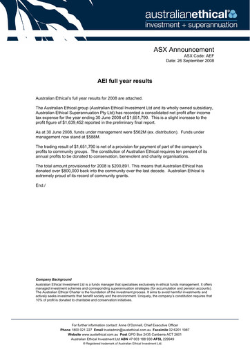 Thumbnail Australian Ethical Investment Limited Financial Report 2008