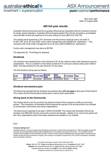 Thumbnail Australian Ethical Investment Limited Financial Report 2009