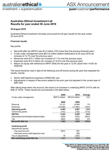 Thumbnail Australian Ethical Investment Limited Financial Report 2010