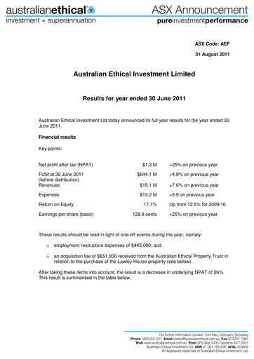 Thumbnail Australian Ethical Investment Limited Financial Report 2011