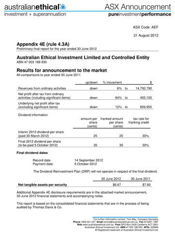 Thumbnail Australian Ethical Investment Limited Financial Report 2012