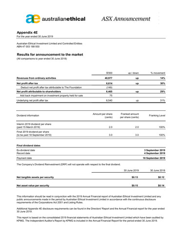 Thumbnail Australian Ethical Investment Limited Financial Report 2019