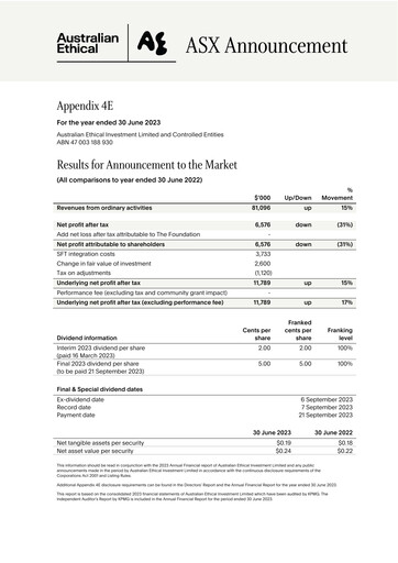 Thumbnail Australian Ethical Investment Limited Financial Report 2023