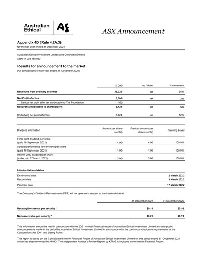 Thumbnail Australian Ethical Investment Limited Half-year Report 2022-h1